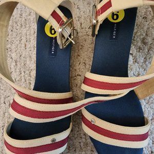 Tommy Hilfiger Cream Strapy Sandal With Red Stripe Wedge Heel